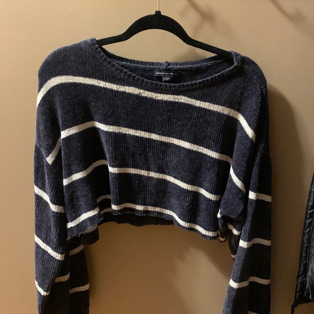 Cropped blue & white striped womens sweater